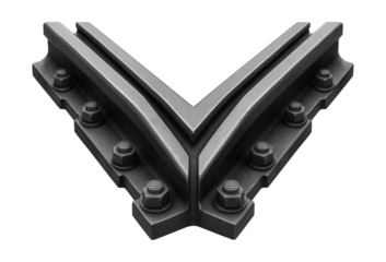 V-shaped railway frog with bolted connections for secure track alignment.