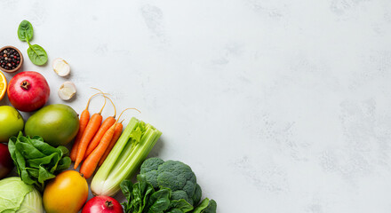 Bright colorful fresh vegetables and fruits artfully displayed in a flat lay top down view promoting healthy lifestyle. AI Generated