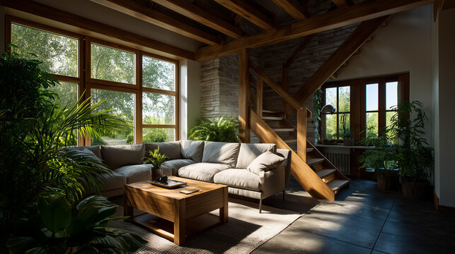 Interior living room with plants, couch, stairs and natural light coming in