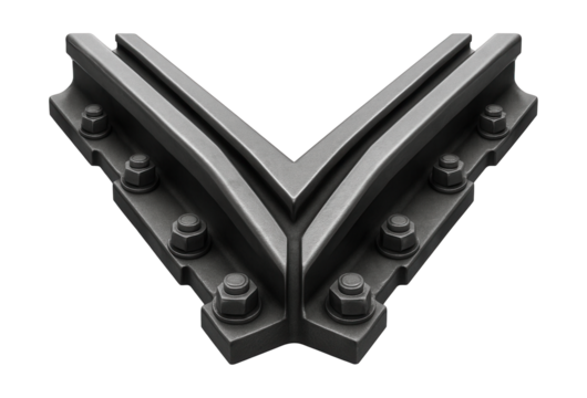 V-shaped railway frog with bolted connections for secure track alignment.