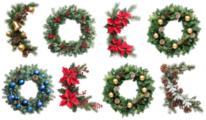 Collection of Christmas wreaths with red berries, gold ornaments, and pine cones on a white background.