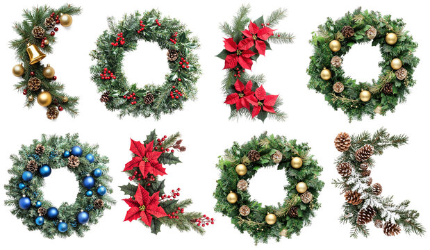 Collection of Christmas wreaths with red berries, gold ornaments, and pine cones on a white background.