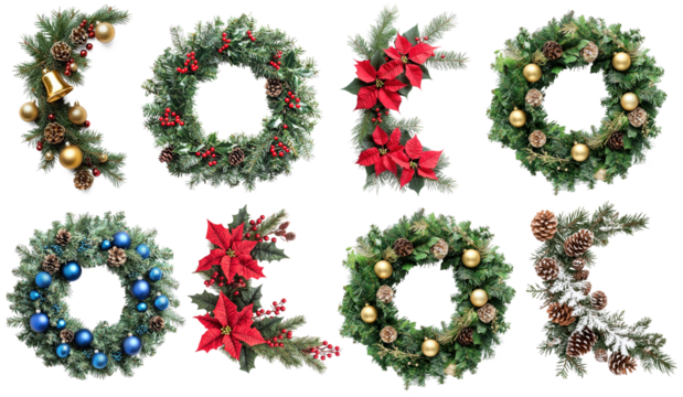 Collection of Christmas wreaths with red berries, gold ornaments, and pine cones on a white background.
