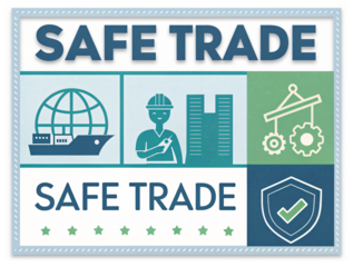 Safe Trade Icon: An image representing safe trade, highlighting various aspects of international commerce and safety protocols.