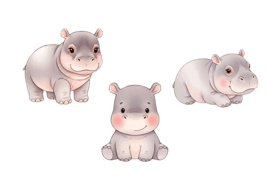 Cute Baby Hippo Watercolor Illustration