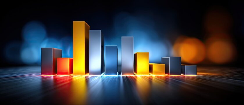 A vibrant bar graph with glowing colors against a dark background, representing data visualization and trends.