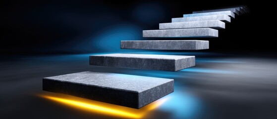 A futuristic staircase illuminated with blue and orange lights, creating a surreal and modern visual effect against a dark background.