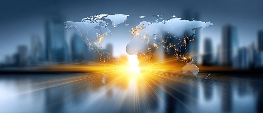 A stylized world map with glowing effects set against a city skyline, symbolizing global connectivity and modernity.