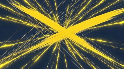 This dynamic motion graphic features a bold yellow 'X' symbol at its core, emanating vibrant golden light streaks across a deep navy blue background. The abstract lines radiate outwards, creating an e