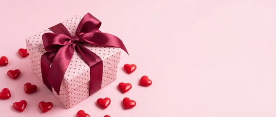 Pink gift box wrapped red ribbon bow with red hearts and confetti on pastel pink background. St Valentines Day holiday concept. Top view, flat lay, copy space.