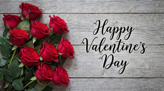 Happy Valentine's Day Calligraphy Logo Design with Beautiful Red Rose Flowers Over Rustic Wood Background