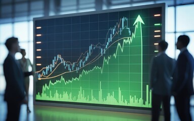 Dynamic stock market analysis showing impressive growth with business professionals in a modern office setting, a sign of success and financial prosperity
