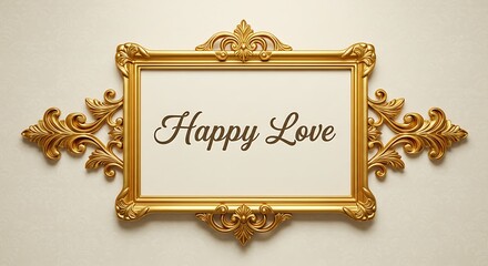 Golden ornate picture frame with script "Happy Love" on a cream background