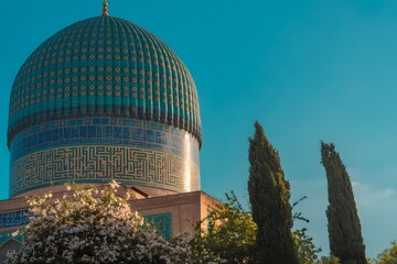 Majestic Blue Dome of an Ancient Architectural Marvel Against a Vibrant Clear Sky Surrounded by Lush Greenery and Tall Cypress Trees