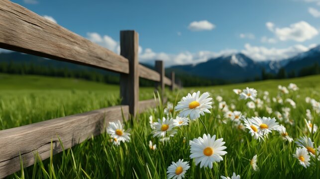 A serene landscape featuring daisies in a lush green field, bordered by a wooden fence and mountains in the background under a bright blue sky. - Powered by Adobe