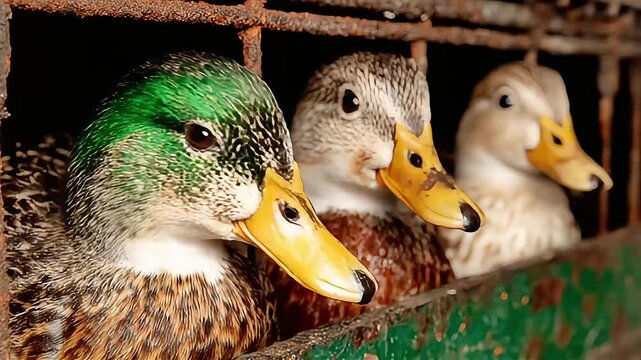 The couple of ducks waddled contentedly in their pen, quacking softly to each other as they explored their cozy surroundings, enjoying the warmth of the sun.