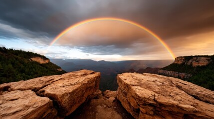 A stunning view of a canyon with a vibrant rainbow arching across a dramatic sky, framed by rocky cliffs and lush greenery.