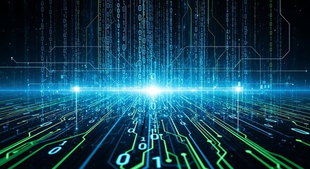 Futuristic Digital Data Flow with Binary Code and Glowing Circuit Board Design, Representing Information Transfer and Advanced Technology