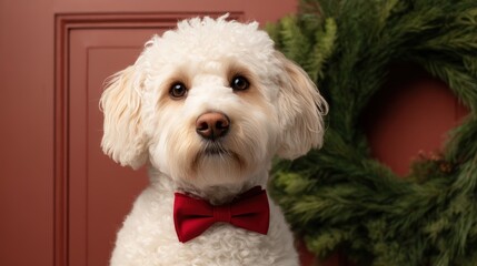 A fluffy white dog with a red bowtie poses charmingly in front of a festive green wreath against a warm backdrop.