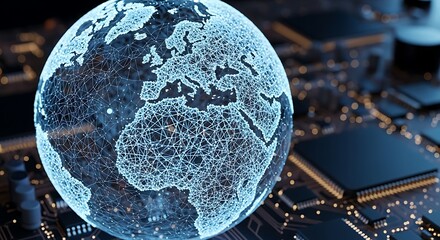 Digital Earth Globe with Glowing Network Connections on Circuit Board. Global Technology, Data Transfer, AI, and Connectivity Concept.