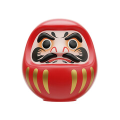 Traditional red Daruma doll symbolizing perseverance and good luck with bold facial features and gold accents, isolated on a transparent background, png, cutout.
