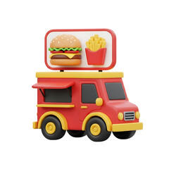 Cute red and yellow food truck with large burger sign on top, ideal for street food themes, fast-food concepts, children’s illustrations, and culinary graphics, isolated on a transparent background