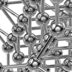  Stylized molecular lattice of metallic spheres and rods, depicting atomic connectivity and crystalline symmetry. Reflective surfaces highlight nanotech, geometry, and structural modeling.