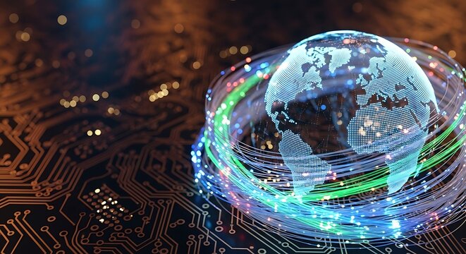 Digital Earth Globe with Luminous Data Streams on Circuit Board Background, Symbolizing Global Network Connectivity and Technological Advancement