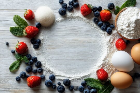 Summer tart baking ingredients with berries eggs flour and mint on whitewashed wood for rustic food recipe layout concept

