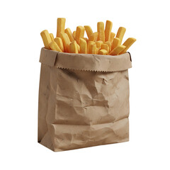 Crispy golden French fries served in a brown paper bag, representing fast food snacking and casual dining, isolated on a transparent background, png, cutout.