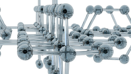 Futuristic lattice of metallic spheres and rods forming a molecular structure. Reflective surfaces and geometric symmetry evoke nanotech, atomic modeling, and high-tech material science.