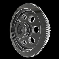 Detailed 3D render of a metallic gear with toothed edge and circular holes. Precision engineering and symmetry highlight mechanical design, industrial function, and manufacturing aesthetics.
