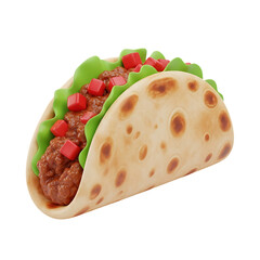 Fresh taco filled with seasoned meat, lettuce, tomatoes, and wrapped in a soft tortilla, representing delicious Mexican cuisine, isolated on a transparent background, png, cutout.