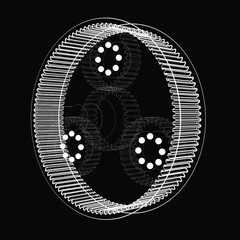 High-contrast schematic of a planetary gear system with sun, planet, and ring gears in symmetric alignment. Stylized white lines on black background emphasize mechanical precision and geometry.