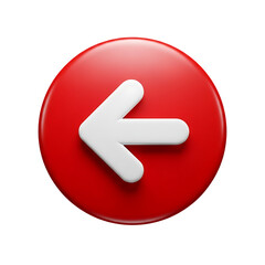 Red glossy circular button with bold white left arrow symbol, representing navigation or direction control for interfaces, isolated on a transparent background, png, cutout.
