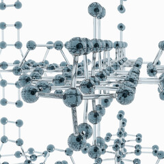 Futuristic lattice of metallic spheres and rods forming a molecular structure. Reflective surfaces and geometric symmetry evoke nanotech, atomic modeling, and high-tech material science.