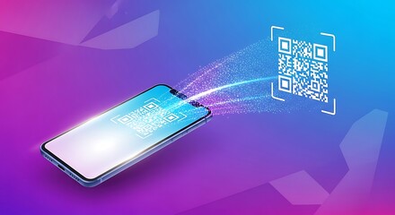 Isometric Smartphone Scanning QR Code on Vibrant Digital Background, Mobile Payment and Data Transfer Technology Concept, Digital Communication and...