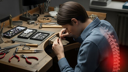 Occupational back pain: Jeweler working at a bench, highlighting spinal discomfort and ergonomic issues