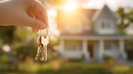 Hand holding house keys with new house blurred background