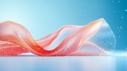 An abstract, flowing wave of translucent fabric with embedded glitter particles, set against a soft blue background and resting on a reflective surface. The lig