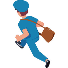 Male Postal Worker in Blue Uniform and Cap Running with Brown Messenger Bag Transparent Background