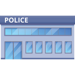 Fototapeta premium Modern police station building with blue glass windows and POLICE sign on a clear sky day symbolizing law enforcement and public safety services