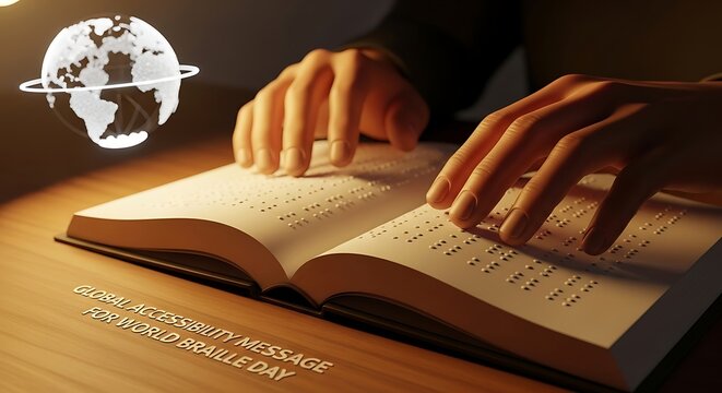 Hands opening a book with a globe illustration representing knowledge and education