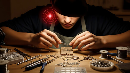 Meticulous Artisan Crafting Small Components with Precision Tools, Intense Focus on Workbench