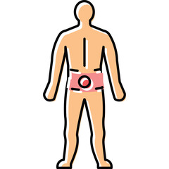 Medical illustration of human body outline showing abdominal area with a pink band and red circle symbolizing pain or internal organ focus on a transparent background