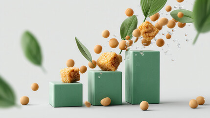 Green blocks with floating leaves, orange spheres, and textured cubes create fresh, natural, and dynamic composition full
