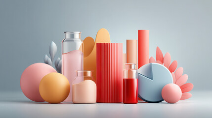 Abstract colorful 3D shapes and glass bottles arranged modern composition with soft lighting and pastel tones creating calm