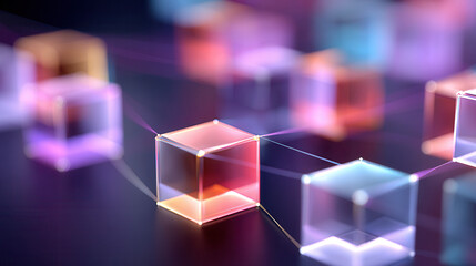 Transparent glowing cubes connected by light lines in futuristic digital network with neon colors and dark background