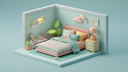 3d isometric low-poly clay bedroom bed