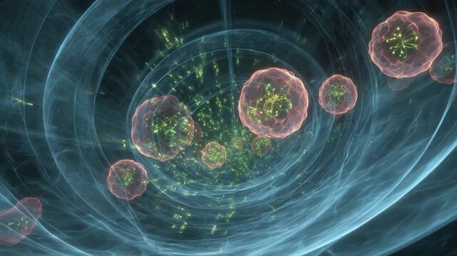 Microscopic World Exploration: Delving into the intricate universe of scientific discovery, where cells reveal complex structures and mysteries within a vibrant, multi-layered environment. 